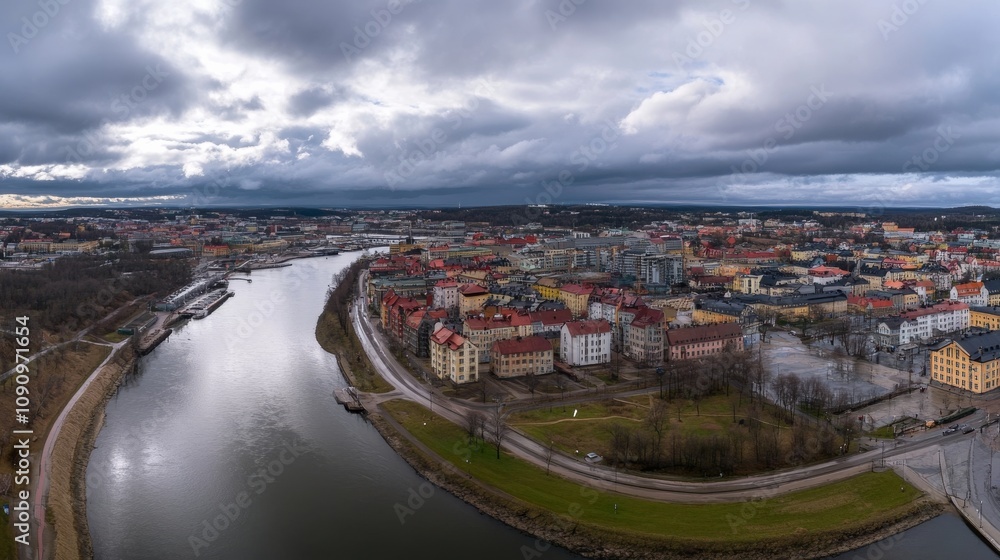 Fototapeta premium Gothenburg drone shot, cloudy day.