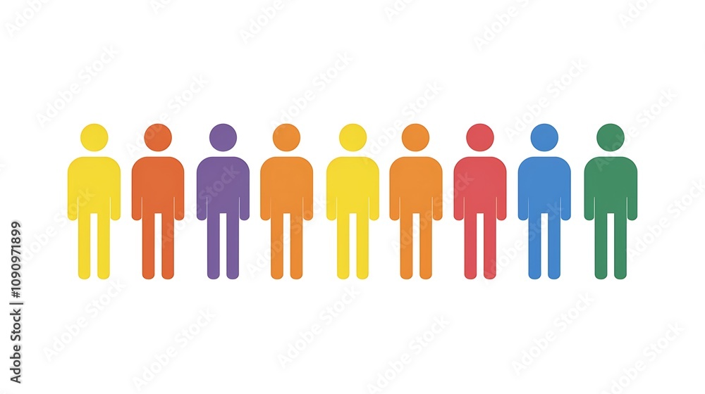 Fototapeta premium A colorful representation of people icons arranged in a line, symbolizing diversity and inclusion.