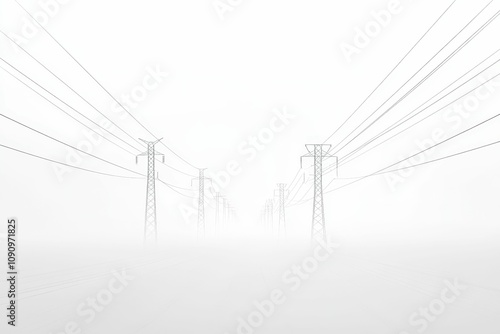 Power lines recede into foggy distance.