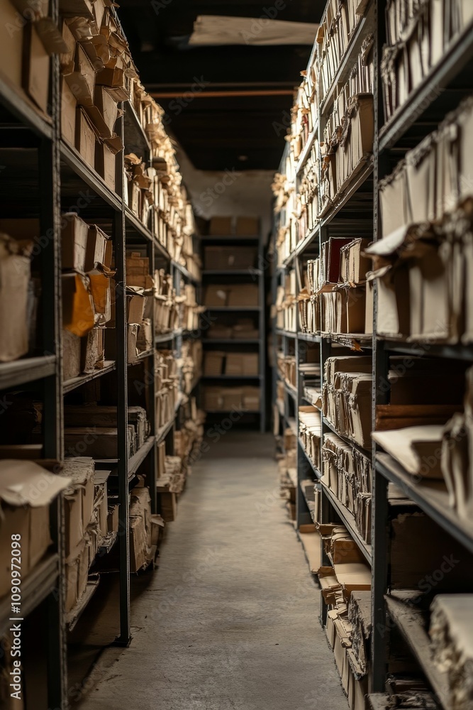 Fototapeta premium Archive storage; aged boxes, files, shelves.