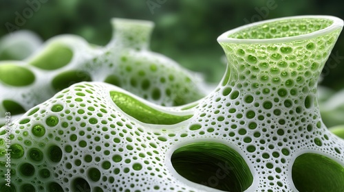 Close-up view of intricate, green cellular structures resembling organic forms, highlighting nature's complexity and beauty.