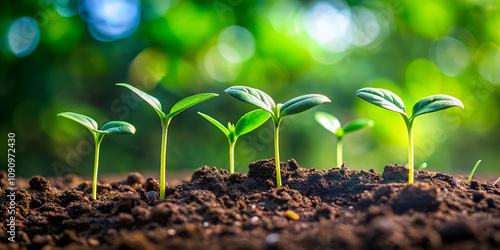 Fresh green seedlings sprout from rich soil, symbolizing growth, renewal, and the beauty of nature against a vibrant, blurred background. photo