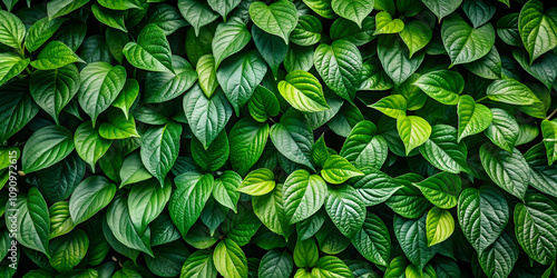 A lush wall of green leaves, showcasing various shades and textures, creating a vibrant and natural aesthetic.