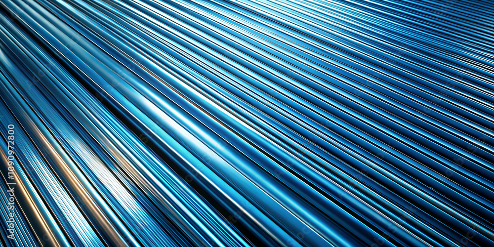 Obraz premium A close-up of metallic blue lines creating a sleek, modern texture, showcasing reflections and depth in a contemporary design.