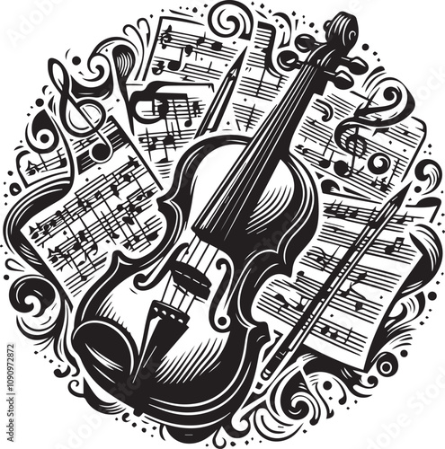 Ornate Violin and Music Notes Design. A captivating black and white graphic design showcasing a violin surrounded by musical notes and decorative swirls.