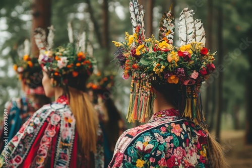 Women in traditional attire with floral headpieces participate in a cultural celebration photo