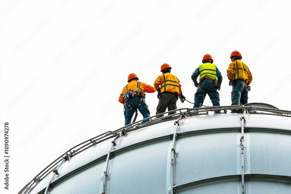 Fototapeta premium Four workers atop large industrial tank.