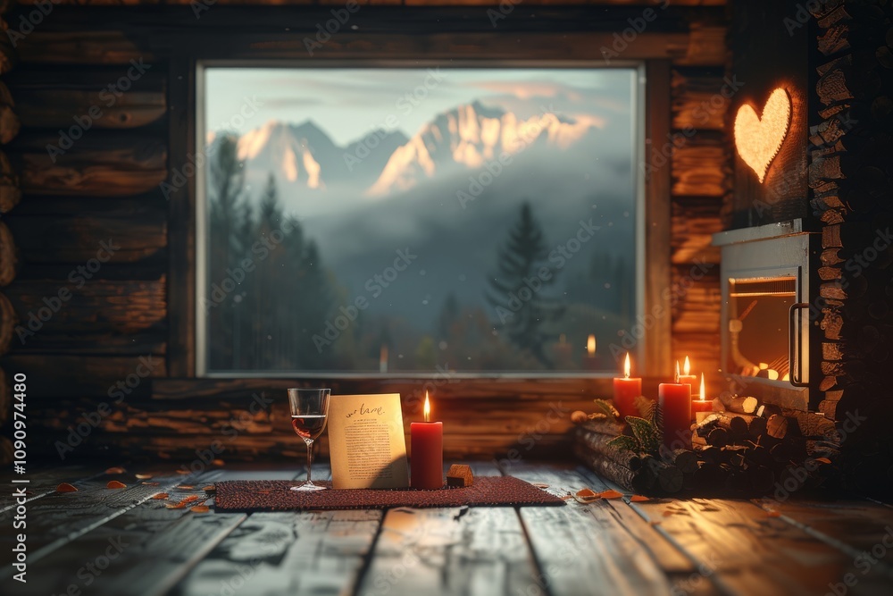 Fototapeta premium Cozy cabin setting with candles and wine highlighting the mountain view during a serene evening