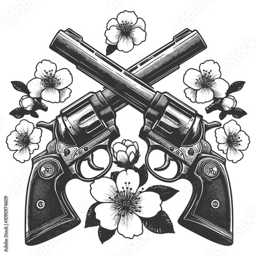 crossed revolvers surrounded by blooming sakura cherry blossoms, fusion of toughness and beauty sketch engraving generative ai vector illustration. Scratch board imitation. Black and white image.