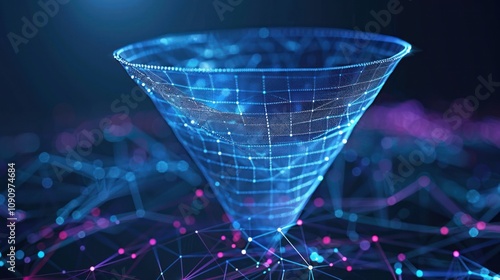 Abstract digital funnel with glowing lines and dots on a dark blue background.