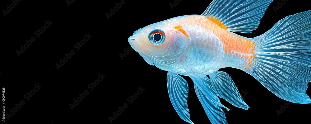 A vibrant goldfish swims gracefully against a black background, showcasing its colorful fins and shimmering scales. A vibrant goldfish swims gracefully against a black background, showcasing its colorful fins and shimmering scales.