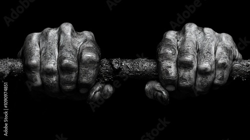 Close-up of hands gripping prison bars in a dramatic black and white photo, symbolizing confinement and struggle. photo