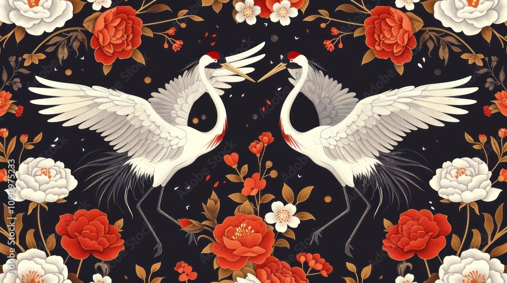 Obraz premium A seamless pattern featuring two white cranes dancing amongst red and white flowers on a dark background.