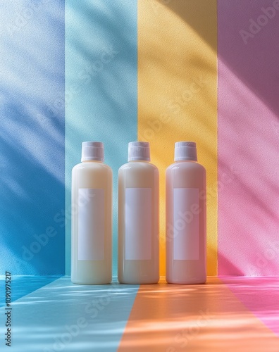 3 bottles of shampoo with blank labels, in white colors, mockup, front view, on a colourfull background photo