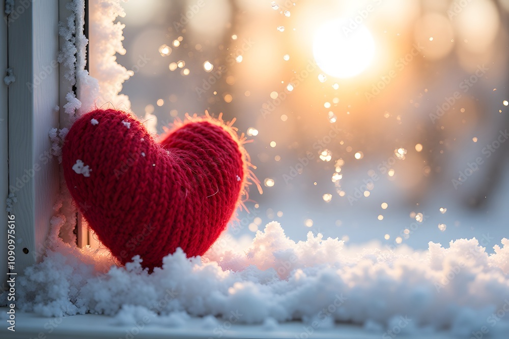 Fototapeta premium Cozy red heart in snowy window with winter sunset