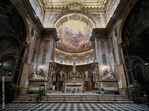 The altar of the Basilica della Santissima Annunziata baroque and renaissance styled church in Florence, Italy

