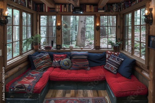 Cozy rustic cabin interior with red cushions and large windows overlooking a peaceful forest setting photo