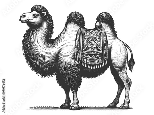 two-humped camel adorned with a patterned saddle, showcasing vintage artistic detail sketch engraving generative ai vector illustration. Scratch board imitation. Black and white image.