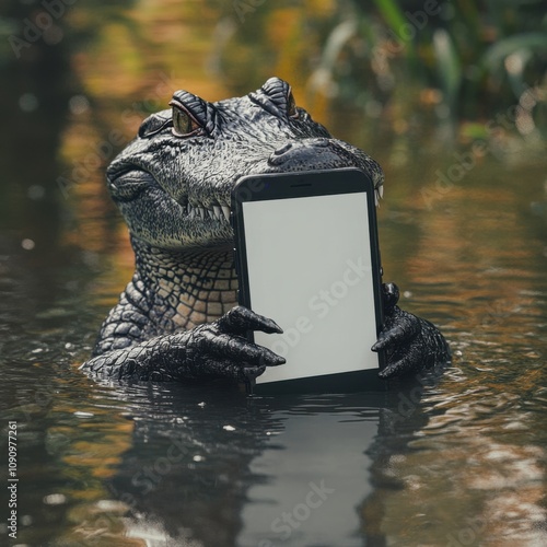Gator with smartphone wetland animal portrait natural habitat close-up digital interaction