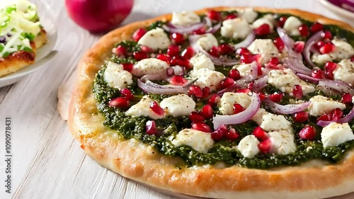 Wallpaper Mural Deliciously Crafted Spinach and Pomegranate Pizza with Cheesy Toppings on Fresh Dough Torontodigital.ca