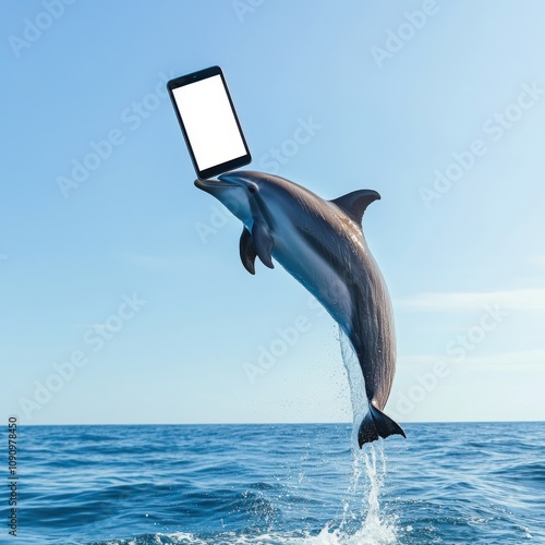 Dolphin leaps with tablet in ocean coastal scene digital interaction nature playful vantage tech meets wildlife photo