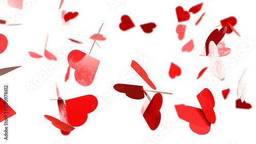 Heart shaped red confetti overlay on white background