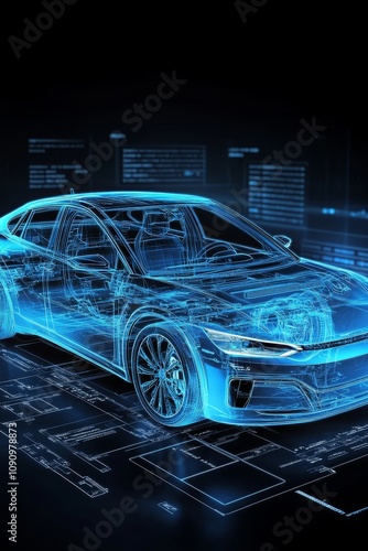 Concept Futuristic Car Hologram, Modern Automotive Engineering and Technology Design, 3D Render