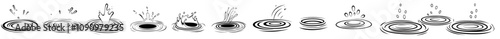 Realistic water ripples with caustic drops or sound wave splashes, creating concentric circles in a puddle. A modern set of round wave surfaces on a transparent background.