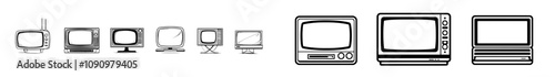 Television icon set with black symbol. TV icon collection with transparent television screen. Retro and modern design.