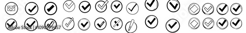 Hand-drawn check marks. Doodled checkmarks and crosses. Empty and filled boxes for test answers, confirmation or negation icons. Pencil marks template for checklists, modern voting isolated flat set.