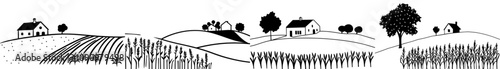 A hand-drawn agricultural engraving depicting summer and autumn maize cobs in a corn field, featuring a farm house and silos, rendered in black and white, capturing a sunrise rustic panorama in a