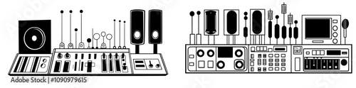 Realistic metal dashboard dial. Radio panel knobs. Round buttons and adjustment controls for stereo sound and music gear. Metallic regulators or turners. Modern audio switches set.