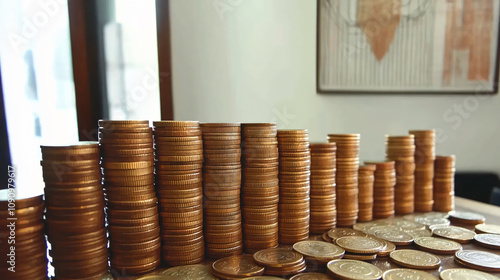 numerous stacks of coins arranged in a bar graph-like formation, suggesting a representation of financial growth or savings.  The coins appear to be of a similar type and are predominantly bronze or c photo