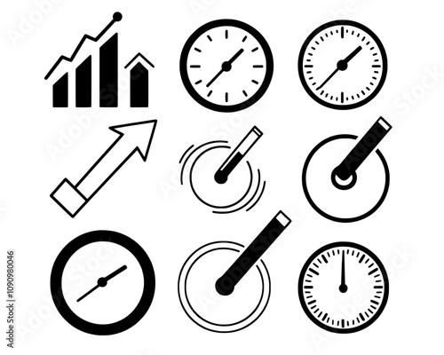 Speedometers are calibrated. The gauge, barometer, and tachometer indicate speed or fuel, with pointers moving between low and high. The interface design includes a progress scale with an arrow,