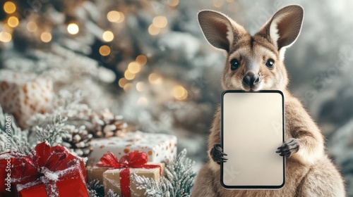 Festive kangaroo holding smartphone holiday setting digital content cozy environment whimsical viewpoint photo