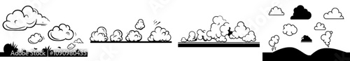 Animated smoke puff. Comic vapor burst dust brawl animation haze motion smog action game fumes. Contemporary vapor explosion collection.