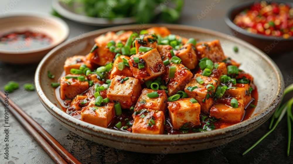 Fototapeta premium Mapo Tofu Garnished with Fresh Green Onions