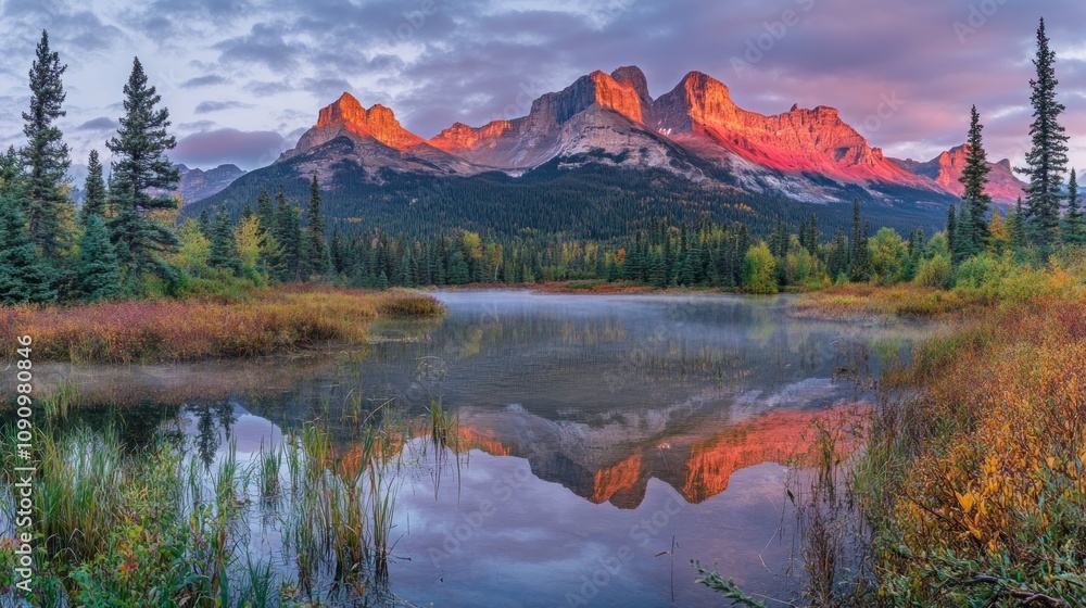Obraz premium Sunrise Majesty: Breathtaking Mountain Reflection in Alberta's Pristine Lake