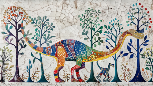 Traditional Gond painting of dinosaurs among abstract trees on a photo