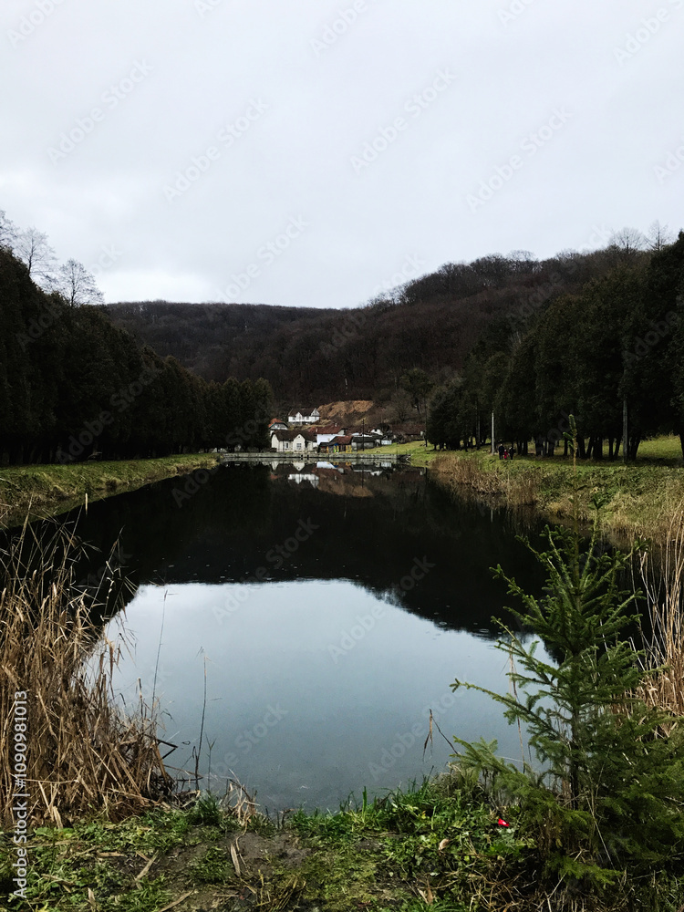 Fototapeta premium Serene countryside view with tranquil pond and rustic houses