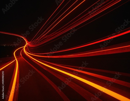 Dynamic red and orange light trails in perspective. Radiant fiery glow design on a dark backdrop, showcasing neon motion with undulating lines and vibrant luminescence. Ai generated image.