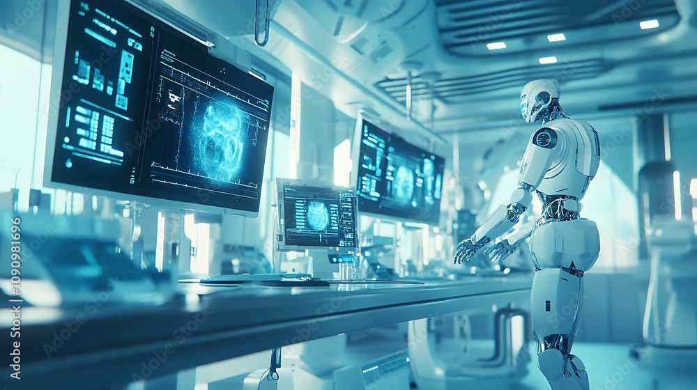 A robot volunteering a modern hospital, surrounded by doctors working. The setting is bright and high-tech, representing medical innovation. A robot volunteering a modern hospital, surrounded by doctors working. The setting is bright and high-tech, representing medical innovation.