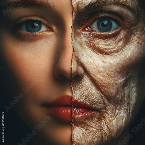Close-up of a woman's face contrasting aging and youth