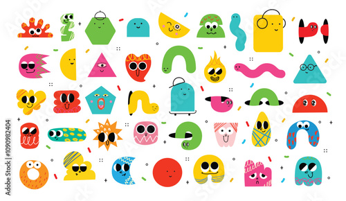 Funny cartoon characters mascots in trendy retro style and different geometric shapes. Hand drawn abstract funny cute comic characters sticker pack. Diversity concept.