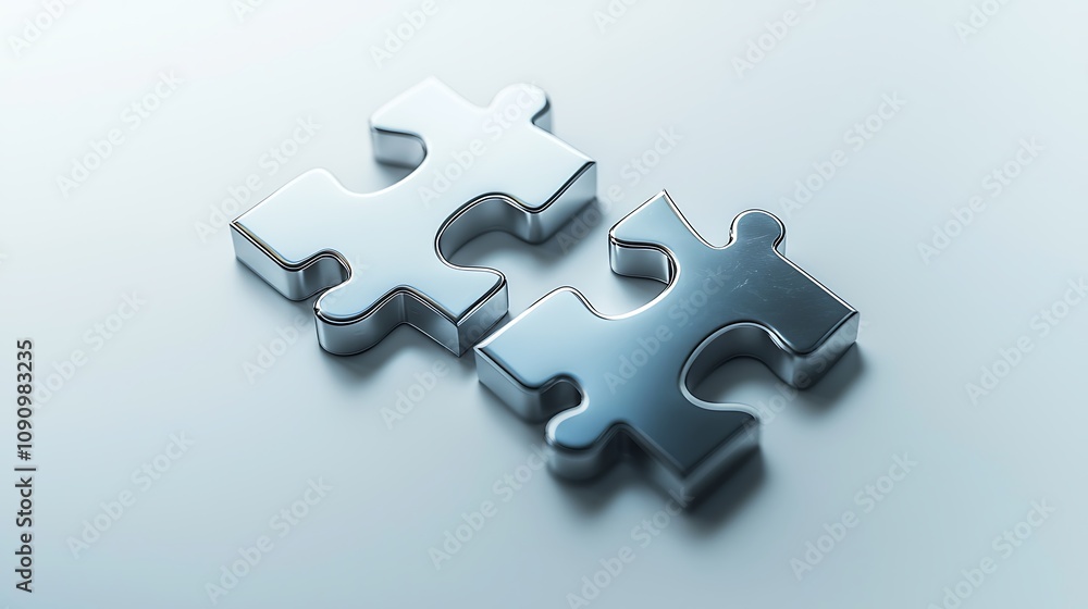 Fototapeta premium Two shiny puzzle pieces interlocking on a smooth surface, symbolizing connection and collaboration.