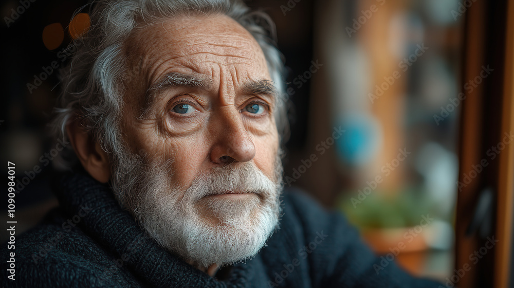 Elderly man gazing thoughtfully out a window, reflecting on life in a cozy indoor setting. Generative AI Elderly man gazing thoughtfully out a window, reflecting on life in a cozy indoor setting. Generative AI