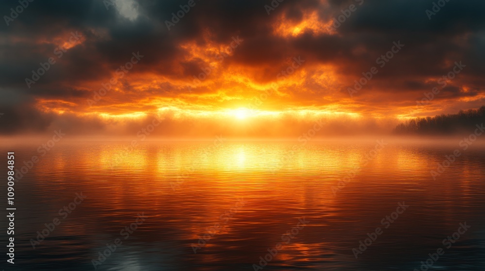 Fototapeta premium Fiery Sunset over Serene Lake