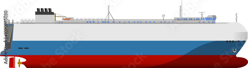 Car Carrier with White and Blue Hull. Side profile of a car transport ship with a stern ramp viewed from the starboard side. Isolated vector illustration.