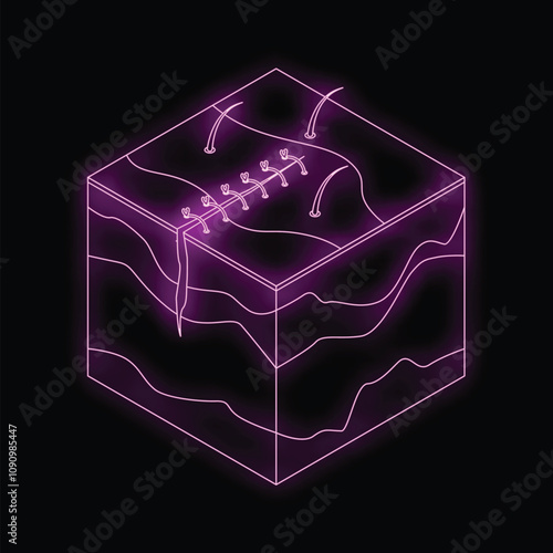 Glowing neon cube showing skin layers and surgical sutures, representing skin repair and healing