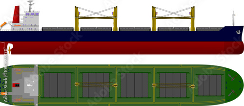 Geared Bulk Carrier. Side and top view of a geared bulk cargo ship with four cranes on deck. Isolated vector illustration.